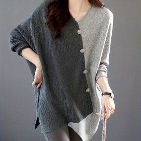 Resim Sonbahar ve Kış Yönlendirme Batwing Kol Patchwork Tembel V-Yaka Orta Boy Katmanlı Renk Bloklu Kazak Üst 