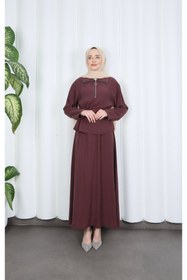 Resim HNT Hayrunnisa Tesettür Fermuar Detaylı Beli Ayarlanabilir Tesettür Etekli Takım Bordo HNT8598 