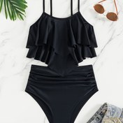 Resim Kadınların Düz Renk Moda Mayo'su, Etekli Arka ve Tankini Seti ile 