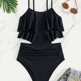 Resim Kadınların Düz Renk Moda Mayo'su, Etekli Arka ve Tankini Seti ile 