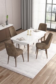 Resim Canisa Concept Are Serisi 80x132 Mdf Açılabilir Beyaz Masa Ceviz Ayak Masa Takımı 4 Kahverengi Sandalye 