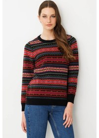 Resim Kadın Sıfır Yaka Komple Jakarlı Yün Kazak Siyah Siyah 