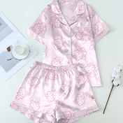 Resim Hello Kitty Sanrio Pijama Şortları Kısa Kollu ve Açık İşlemeli Düğmeler Saten Pijama Takımı 