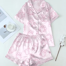 Resim Hello Kitty Sanrio Pijama Şortları Kısa Kollu ve Açık İşlemeli Düğmeler Saten Pijama Takımı 