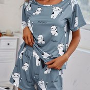 Resim Kadınların Sevimli Kedi Baskılı Pijama Takımı, Kısa Kollu Yuvarlak Yaka Üst & Şort, Rahat Bol Kesim 