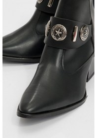 Resim Luvishoes Luvi Shoes Kenda Siyah Cilt Arkadan Fermuarlı Tokalı Kadın Kalın Topuklu Bot Sıyah Cılt 