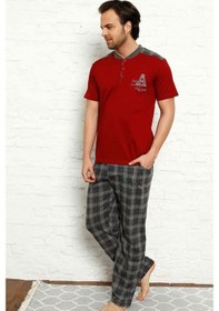 Resim Alimer Erkek Bordo Kısa Kollu Ekoseli Pijama Takımı 1153Kk-B 