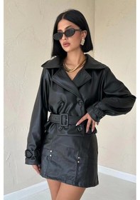 Resim Siyah Kemerli Deri Ceket Siyah 