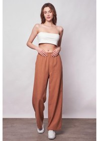 Resim JUMENT Keten Yüksek Bel Beli Lastikli Yan Cepli Bol Paça Pantolon -camel 