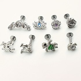 Resim 2D Düz, 8 parça kadın tragus düz arka kıkırdak küpeleri Paslanmaz çelik Ay Yıldız Iris örümcek kaplumbağa eğik sıra yuvarlak Sentetik Zirkonya deniz mavisi Sentetik Zirkonyum Lotus düz arka küpe dudak tırnakları Conch spiral kıkırdak tragus piercing takısı 