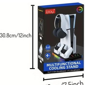 Resim Motion003 Ps5 Ps5 Slim Rgb Led Soğutma Standı Siyah Kablosuz Şarj Fan Hızı Ayarlanabilir Usb Kulaklık Bağlantı 
