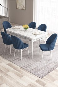 Resim Canisa Ves Serisi 80x132 Mdf Açılabilir Beyaz Mermer Yemek Masası 6 Su Yeşili Sandalye 
