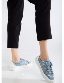 Resim Kadın Günlük Ayakkabı Mavi Taş Bağcıklı Kot Malzeme-3701 Mavi 
