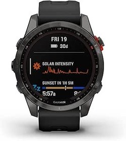 Resim Garmin fenix 7S Solar, Solar Şarj Özelliklerine sahip daha küçük boyutlu macera akıllı saati, GPS özellikli sağlam dış mekan saati, dokunmatik ekran, sağlık ve zindelik özellikleri, siyah bantlı 