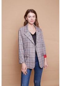 Resim Ekoseli Yakalı Kolu Katlamalı Cep Kapaklı Boyfriend Hafif Likralı Kumaş Blazer Ceket-bordo Ekose Bordo Eks. 