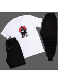 Resim Adrift Anime Itachi Yazı Detaylı Baskılı Unisex Yazlık Şort - Normal Kalıp Tişört - Eşofman Beyaz 