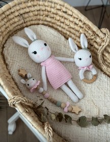 Resim Amigurumi Beyaz Tavşan Model Bebek Seti – 3 Parça - Mint 
