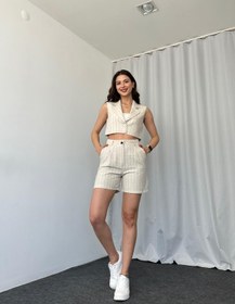 Resim Keten Mavi Çizgili Şort Takım 