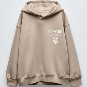 Resim Erkek Çocuk Oxford Modelli Kol Manşetli Pamuk Kapşonlu Sweat Bej 