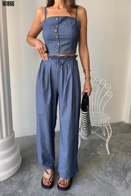 Resim TENCEL CROP ASKILI BLUZ ŞALVAR PANTOLON TK İndigo 