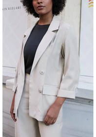 Resim Kadın İpeksi Dokulu Modal Kumaş Yakalı Cep Kapaklı Oversize Salaş Blazer Ceket-açık Vizon A.vizon 