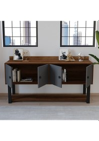 Resim Robin Home Grand Ofis Konsol 4 Kapaklı Metal Ayaklı Barok-Antrasi Kahverengi 