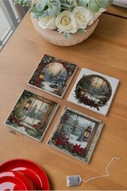 Resim Atölye Vintage Yılbaşı Postcard Temalı 4’lü Set Bardak Altlığı Doğal Taş Traverten (10x10 cm) 