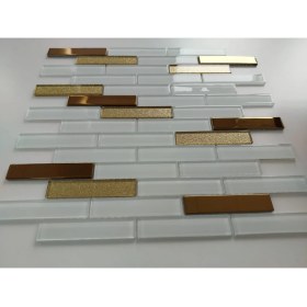 Resim MozaiKristaL Mutfak Tezgah Arası ve Iç Dekorasyon Için 20X98X4 Mm, 30 cm Fileli, Beyaz & Gold Mix Kristal Cam Mozaik. ( 1 Koli = 11 File Karo = 1 m2 Fiyatıdır ) 