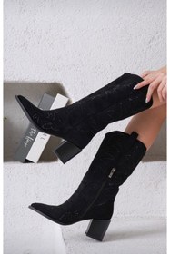 Resim Guja 24K131 Siyah Süet Taşlı Parlak Sivri Burun Kalın Topuk Tasarım Şık Kovboy Western Bot Ayakkabı 