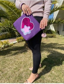Resim Pembe Payetli Kalp Aplikeli Portföy Clutch El Çantası 25x29 Cm Renkli 