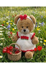 Resim EFELA DÜNYASI Örgü Amigurumi Elbiseli Lale Figürlü Ayıcık Oyuncak 