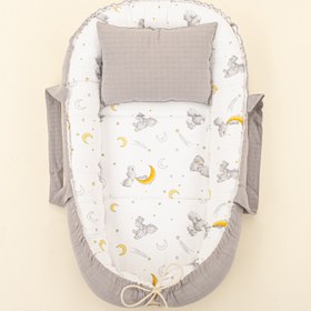 Resim Babynest ve Yastık - Çift Taraflı - Açık Gri Muslin - Gri Tavşan 
