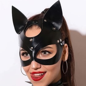 Resim Kulak Delikli Siyah Sentetik Deri Kedi Maskesi - Gotik Punk Tarzı Parti, Rave ve Yetişkin Oyunları için Halloween Aksesuarı | Kedi Temalı Maske | Cesur Moda Maskesi 