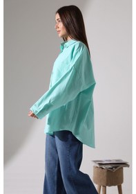 Resim Yeni Sezon Poplin Kumaş Çift Cepli Oversize Pamuklu Kadın Tunik Gömlek Turkuaz 