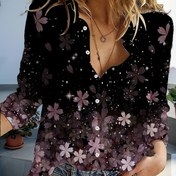 Resim Kadınlar için Trendy 3D Çiçek Baskılı Uzun Kollu Gömlek - Siyah Taban Mor & Beyaz Çiçeklerle, Bahar/Sonbahar için Rahat Polyester Bluz, Hafif & Şık, Bayan Bluzları 