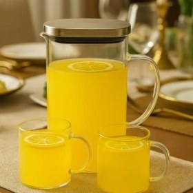 Resim 1800 ml Cam Sürahi ve 2’li Bardak Seti - Paslanmaz Çelik Kapaklı Dayanıklı Şeffaf Su, Çay, Meyve Suyu Servis Seti 