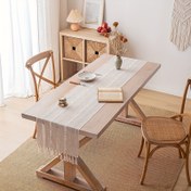 Resim Zarif Çizgili Püsküllü Masa Koşucusu - Düğünler, Partiler & Ev Dekoru için Modern Minimalist Tasarım, Masa Örtüsü Dekoru 