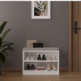 Resim Asra Trend MDF Puflu Ayakkabılık – 2 Raflı, 60 cm, Oturaklı Ayakkabı Düzenleyici, PUF02 Beyaz 