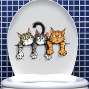 Resim 1 adet Şirin Kedi Üçlü Tuvalet Etiketi - Kendinden Yapışkan, Yeniden Kullanılabilir, Yarı Parlak Bitiş, Seramik Yüzey Dekoru, Banyo, Ev Gereksinimleri, Ev Dekorasyonu | Oyuncak Kedi Tasarımı | Kolay Kurulum Etiketi, Kedi Dekoru 