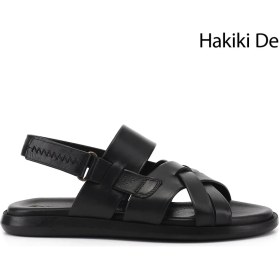 Resim Gönderi(r) Erkek Siyah Ayarlanabilir Cırt Bantlı Hakiki Deri Sandalet 