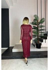 Resim Ges Moda G0768 Kruvaze Yaka Payet Tasarım Elbise Bordo-bordo 