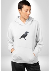 Resim Siyah Karga Kadın Erkek Beyaz Kapüşonlu Sweatshirt Hoodie Beyaz 