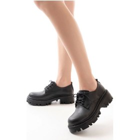 Resim Siyah Bağcıklı Günlük Yüksek Tabanlı Loafer Ayakkabı Siyah 