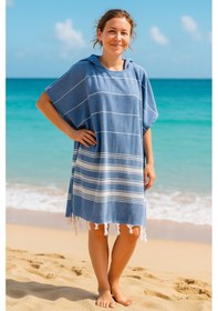 Resim Formeya %100 Pamuk Yetişkin Peştemal Panço Bornoz Plaj Havlusu Mavi L-xl Mavi 