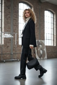 Resim Grenj Fashion Siyah Relaxed Boru Paça Dikiş Detaylı Deri Pantolon 