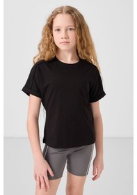 Resim Siyah Pamuklu O Yaka Oversize Fit Basic Kız Çocuk T-shirt - 75182 Siyah 