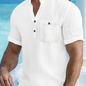 Resim Erkekler için hafif ve nefes alabilen rayon gömlek - Yaz plaj ve rahat giyim, düz renk gri, kısa kollu yaka ve düğme detaylı, dış mekan etkinlikleri ve rahat kıyafetler için mükemmel, plaj gömleği 