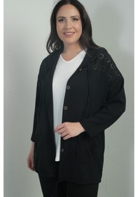 Resim By Saygı Kadın Kapüşonlu Önü Düğmeli Cepli Fistolu Büyük Beden Hırka-40854 Siyah 