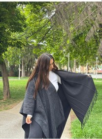 Resim Kadın Kışlık Panço Salaş Bol Kesim Omuz Şalı Açık Gri 