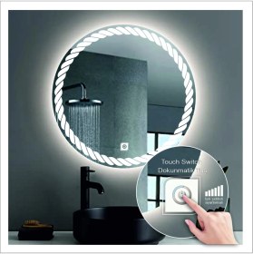 Resim Dnr-MirrorDnr-Mirror 80 cm Beyaz Ledli Tasarım Kumlamalı Dokunmatik Tuşlu Banyo Aynası Makyaj Aynası Işıklı Ayna 